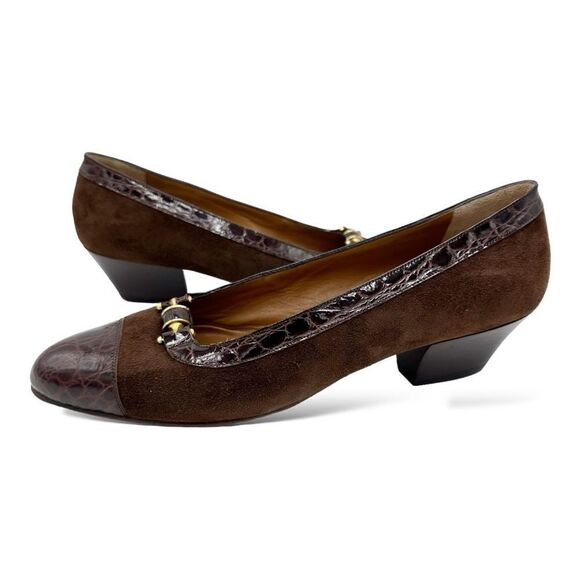 Bally Vintage Brown Suede Leather‎ Heels Trimmed In Croc Embossed Patent Leather - Picture 3 of 8